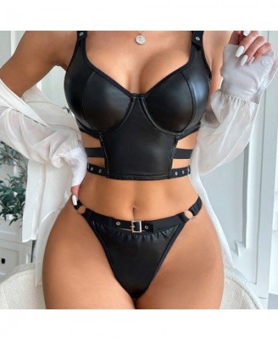 Leather Sexy Lace Push Up Bra+ Panties Set 2023 Women Top Thong Black Intimates T-back G-string Underwear Bra Lingerie Female...