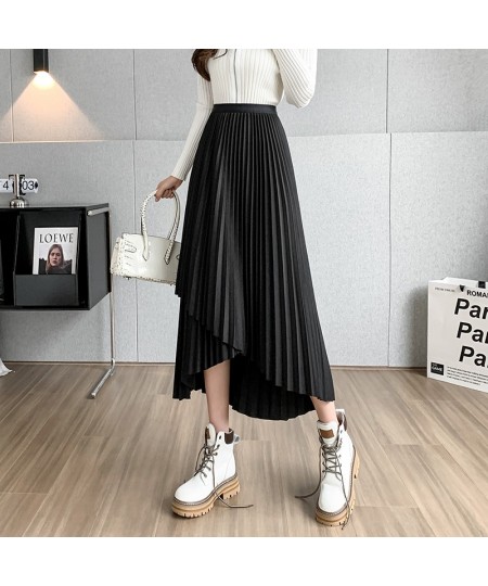 Women Autumn Long Pleated Skirts Elegant Elastic High Waist Loose Skirts Slim Harajuku Irregular Vintage Skirts Solid Color $...