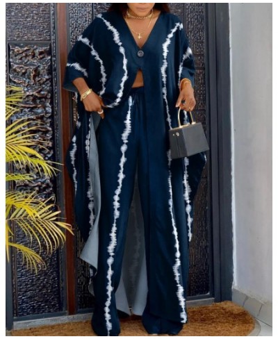 African Printed 2 Piece Outfit Women Casual V Neck Loose Fit Half Sleeve Long Top Shirt Wide Leg Pant Suit 2 Piece Set Women ...