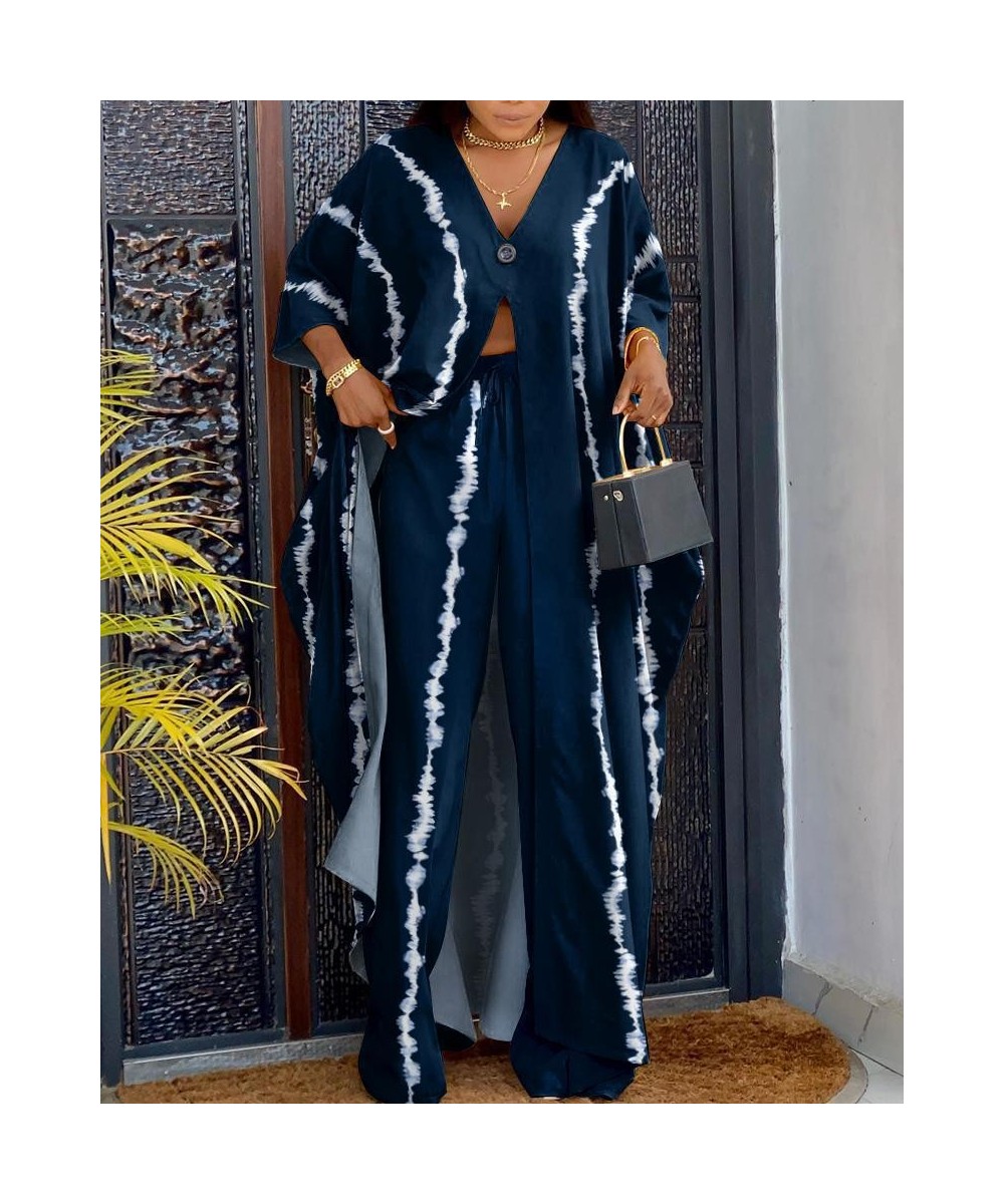 African Printed 2 Piece Outfit Women Casual V Neck Loose Fit Half Sleeve Long Top Shirt Wide Leg Pant Suit 2 Piece Set Women ...