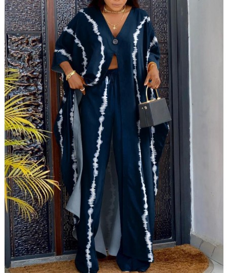 African Printed 2 Piece Outfit Women Casual V Neck Loose Fit Half Sleeve Long Top Shirt Wide Leg Pant Suit 2 Piece Set Women ...