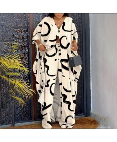 African Printed 2 Piece Outfit Women Casual V Neck Loose Fit Half Sleeve Long Top Shirt Wide Leg Pant Suit 2 Piece Set Women ...