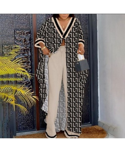 African Printed 2 Piece Outfit Women Casual V Neck Loose Fit Half Sleeve Long Top Shirt Wide Leg Pant Suit 2 Piece Set Women ...