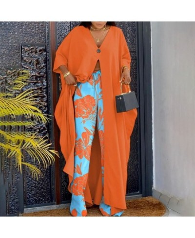 African Printed 2 Piece Outfit Women Casual V Neck Loose Fit Half Sleeve Long Top Shirt Wide Leg Pant Suit 2 Piece Set Women ...