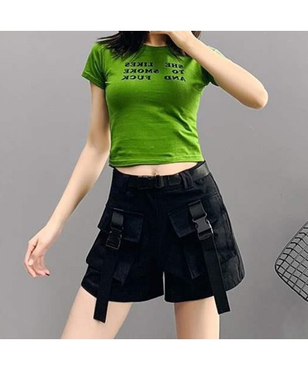 Army Green Cargo Shorts Women Korean Big Pockets High Waist Wide Leg Shorts Woman Summer Harajuku Casual Short Pants $25.93 -...