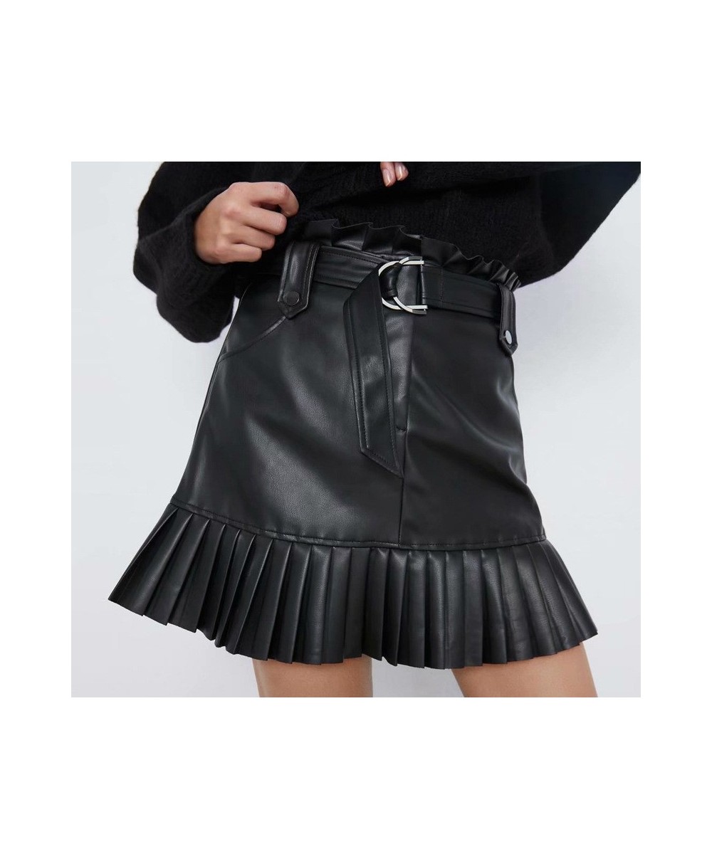 Women Fashion Small Pleated Faux Leather Skirt PU Half Skirt Solid Color Fringed Short Skirt with Belt Women Elegant Mini Ski...