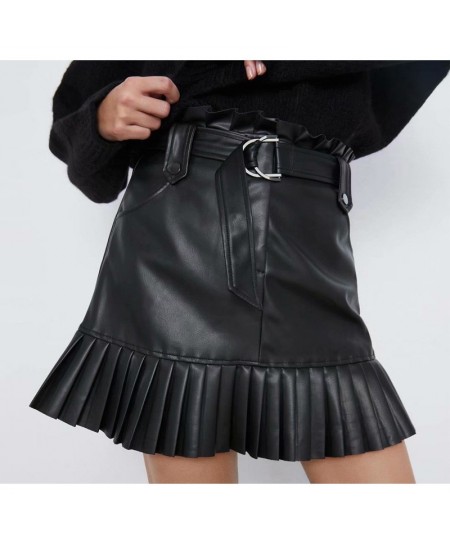 Women Fashion Small Pleated Faux Leather Skirt PU Half Skirt Solid Color Fringed Short Skirt with Belt Women Elegant Mini Ski...