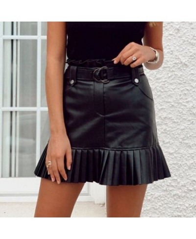 Women Fashion Small Pleated Faux Leather Skirt PU Half Skirt Solid Color Fringed Short Skirt with Belt Women Elegant Mini Ski...