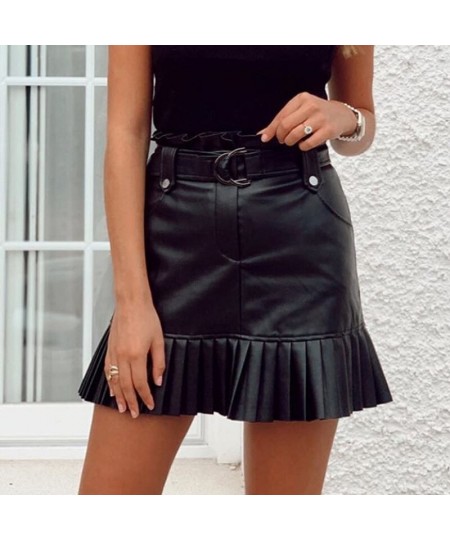 Women Fashion Small Pleated Faux Leather Skirt PU Half Skirt Solid Color Fringed Short Skirt with Belt Women Elegant Mini Ski...