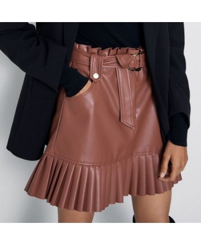 Women Fashion Small Pleated Faux Leather Skirt PU Half Skirt Solid Color Fringed Short Skirt with Belt Women Elegant Mini Ski...