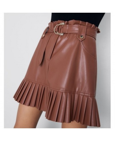 Women Fashion Small Pleated Faux Leather Skirt PU Half Skirt Solid Color Fringed Short Skirt with Belt Women Elegant Mini Ski...