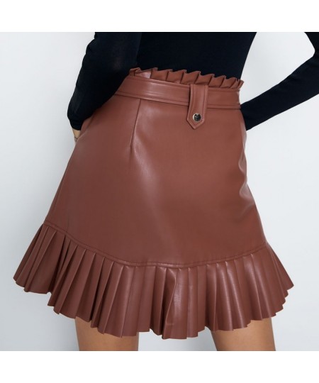 Women Fashion Small Pleated Faux Leather Skirt PU Half Skirt Solid Color Fringed Short Skirt with Belt Women Elegant Mini Ski...