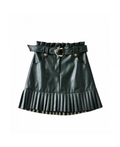 Women Fashion Small Pleated Faux Leather Skirt PU Half Skirt Solid Color Fringed Short Skirt with Belt Women Elegant Mini Ski...