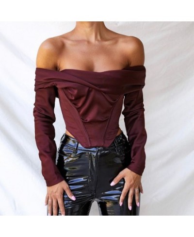 Women Off Shoulder Satin Corset Tops Long Sleeve Slash Neck Blouses Wine Red Elegant Shirts Sexy Backless Top Cropped Shirts ...