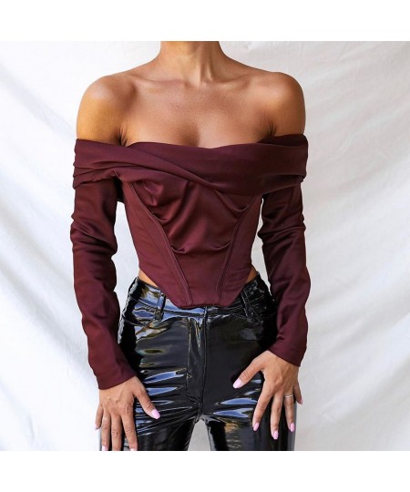 Women Off Shoulder Satin Corset Tops Long Sleeve Slash Neck Blouses Wine Red Elegant Shirts Sexy Backless Top Cropped Shirts ...