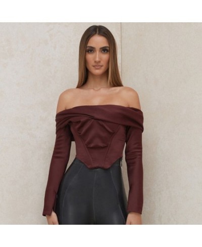 Women Off Shoulder Satin Corset Tops Long Sleeve Slash Neck Blouses Wine Red Elegant Shirts Sexy Backless Top Cropped Shirts ...