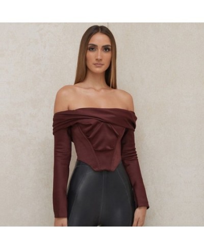 Women Off Shoulder Satin Corset Tops Long Sleeve Slash Neck Blouses Wine Red Elegant Shirts Sexy Backless Top Cropped Shirts ...