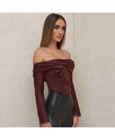 Women Off Shoulder Satin Corset Tops Long Sleeve Slash Neck Blouses Wine Red Elegant Shirts Sexy Backless Top Cropped Shirts ...