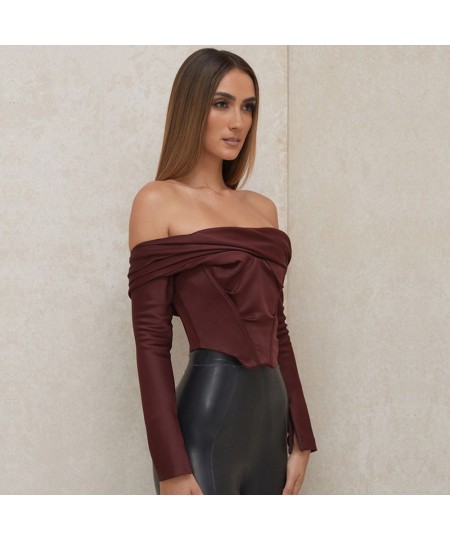 Women Off Shoulder Satin Corset Tops Long Sleeve Slash Neck Blouses Wine Red Elegant Shirts Sexy Backless Top Cropped Shirts ...