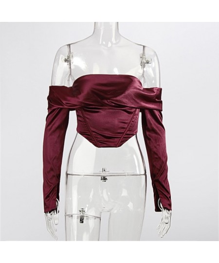 Women Off Shoulder Satin Corset Tops Long Sleeve Slash Neck Blouses Wine Red Elegant Shirts Sexy Backless Top Cropped Shirts ...