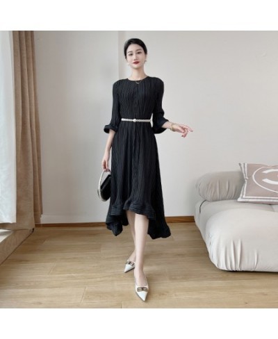 Belt Pleated Evening Dress Women's Round Collar Three Quarter Sleeve Loose 2023 Spring New Female Fashion Clothing 17G1102 $7...