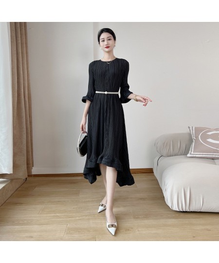 Belt Pleated Evening Dress Women's Round Collar Three Quarter Sleeve Loose 2023 Spring New Female Fashion Clothing 17G1102 $7...