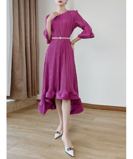 Belt Pleated Evening Dress Women's Round Collar Three Quarter Sleeve Loose 2023 Spring New Female Fashion Clothing 17G1102 $7...