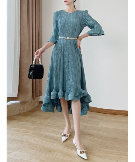 Belt Pleated Evening Dress Women's Round Collar Three Quarter Sleeve Loose 2023 Spring New Female Fashion Clothing 17G1102 $7...