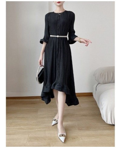 Belt Pleated Evening Dress Women's Round Collar Three Quarter Sleeve Loose 2023 Spring New Female Fashion Clothing 17G1102 $7...