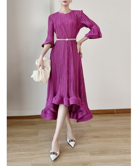 Belt Pleated Evening Dress Women's Round Collar Three Quarter Sleeve Loose 2023 Spring New Female Fashion Clothing 17G1102 $7...