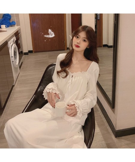 Women Beautiful Thin Long Sleeve Nightdress Lace Princess Loose Sleepwear Ankle Length White Nightgown Plus Size Gown Home $2...