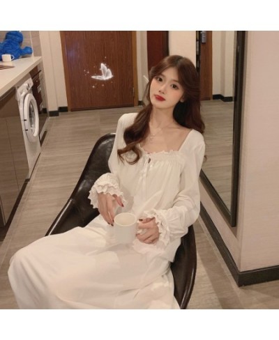 Women Beautiful Thin Long Sleeve Nightdress Lace Princess Loose Sleepwear Ankle Length White Nightgown Plus Size Gown Home $2...