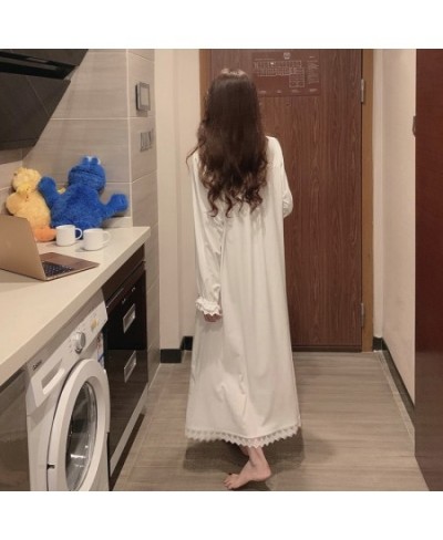 Women Beautiful Thin Long Sleeve Nightdress Lace Princess Loose Sleepwear Ankle Length White Nightgown Plus Size Gown Home $2...