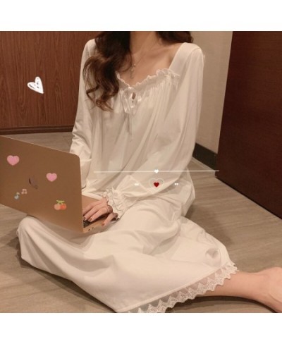 Women Beautiful Thin Long Sleeve Nightdress Lace Princess Loose Sleepwear Ankle Length White Nightgown Plus Size Gown Home $2...