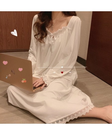 Women Beautiful Thin Long Sleeve Nightdress Lace Princess Loose Sleepwear Ankle Length White Nightgown Plus Size Gown Home $2...