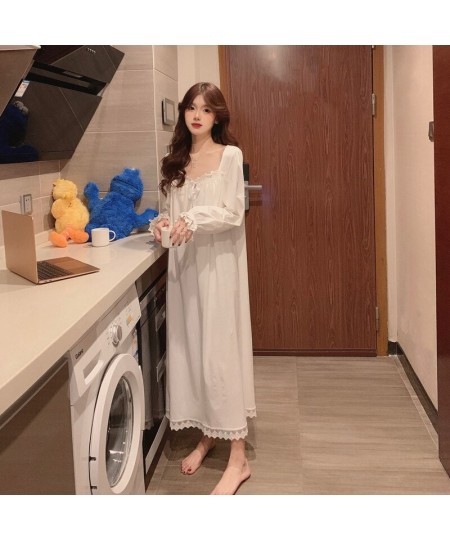 Women Beautiful Thin Long Sleeve Nightdress Lace Princess Loose Sleepwear Ankle Length White Nightgown Plus Size Gown Home $2...