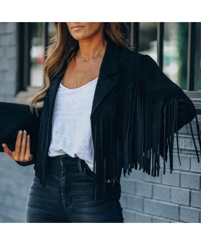 Womens Vintage Lapel Long Sleeve Fringe Cropped Hippie Motor Biker Cardigan Outwears Faux Suede Tassel Jacket $44.60 - Jacket...