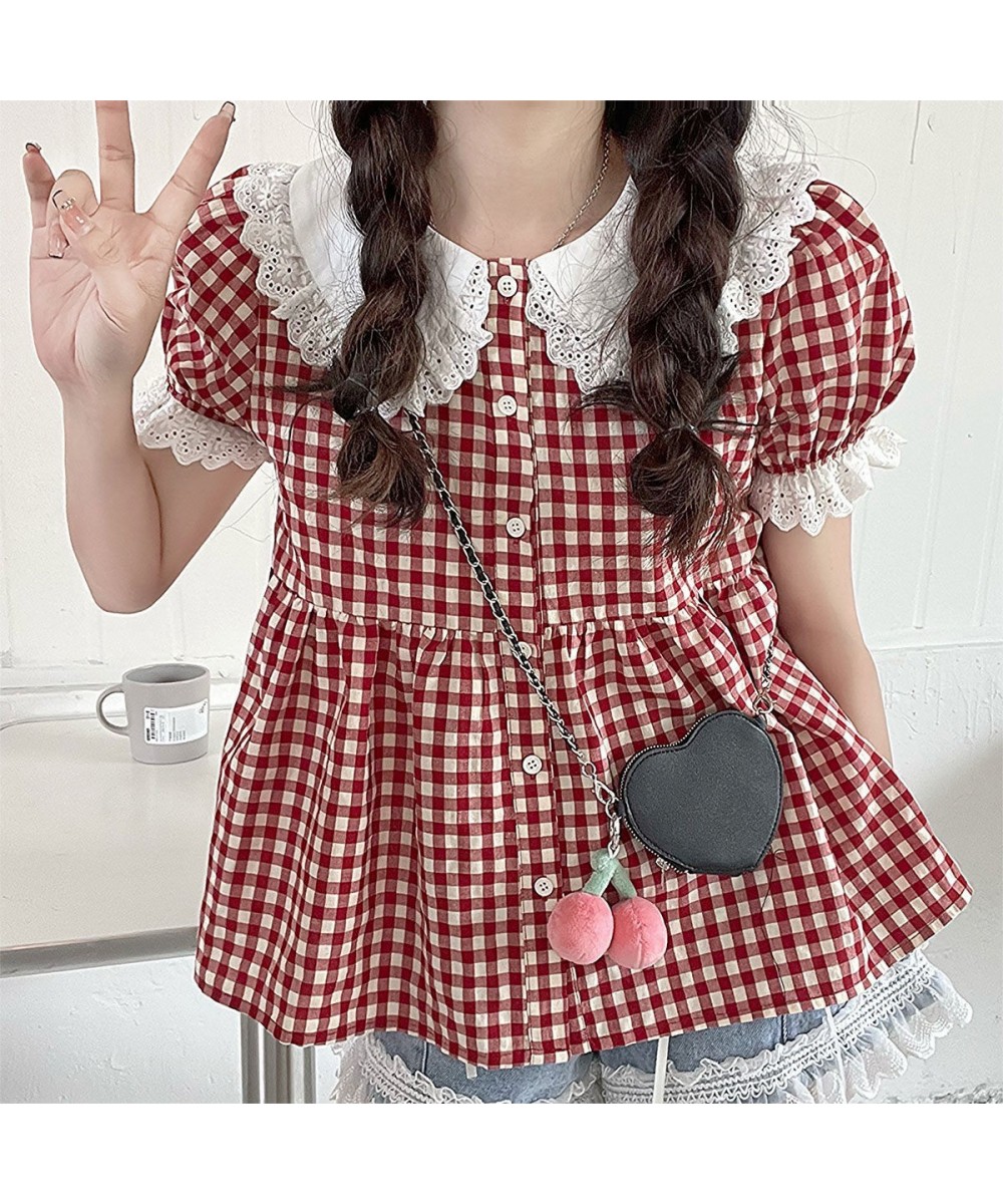 Red Plaid Blouse Women Kawaii Peter Pan Collar Lace Ruffle Shirt Japanese Girl Cute Puff Sleeve Vintage Tops Blusas $35.26 - ...