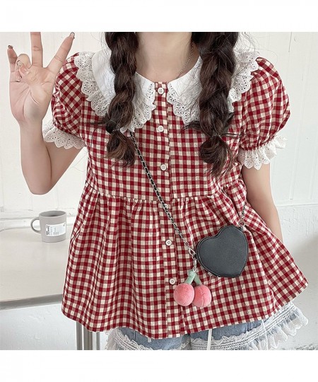 Red Plaid Blouse Women Kawaii Peter Pan Collar Lace Ruffle Shirt Japanese Girl Cute Puff Sleeve Vintage Tops Blusas $35.26 - ...