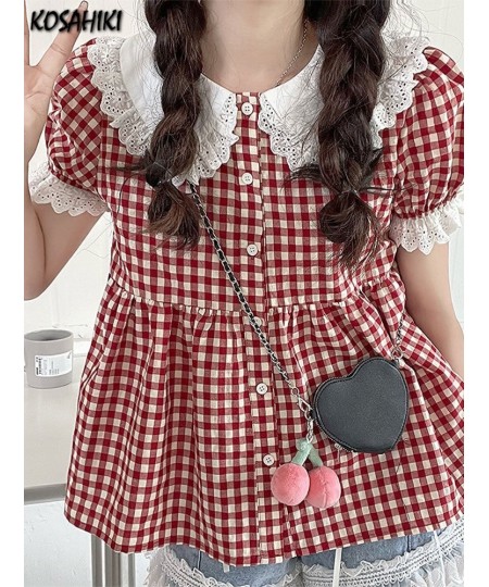 Red Plaid Blouse Women Kawaii Peter Pan Collar Lace Ruffle Shirt Japanese Girl Cute Puff Sleeve Vintage Tops Blusas $35.26 - ...