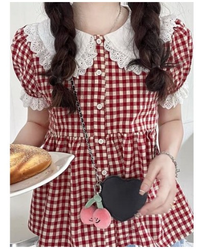 Red Plaid Blouse Women Kawaii Peter Pan Collar Lace Ruffle Shirt Japanese Girl Cute Puff Sleeve Vintage Tops Blusas $35.26 - ...