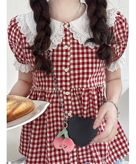 Red Plaid Blouse Women Kawaii Peter Pan Collar Lace Ruffle Shirt Japanese Girl Cute Puff Sleeve Vintage Tops Blusas $35.26 - ...