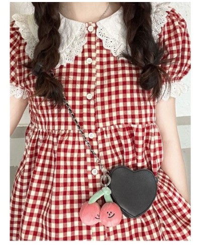 Red Plaid Blouse Women Kawaii Peter Pan Collar Lace Ruffle Shirt Japanese Girl Cute Puff Sleeve Vintage Tops Blusas $35.26 - ...