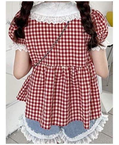 Red Plaid Blouse Women Kawaii Peter Pan Collar Lace Ruffle Shirt Japanese Girl Cute Puff Sleeve Vintage Tops Blusas $35.26 - ...