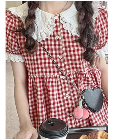 Red Plaid Blouse Women Kawaii Peter Pan Collar Lace Ruffle Shirt Japanese Girl Cute Puff Sleeve Vintage Tops Blusas $35.26 - ...