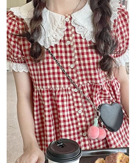 Red Plaid Blouse Women Kawaii Peter Pan Collar Lace Ruffle Shirt Japanese Girl Cute Puff Sleeve Vintage Tops Blusas $35.26 - ...