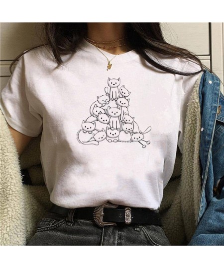 Vintage Cartoon Cats Print Ladies T-Shirt Tops Summer Casual Basics O-Collar White Tee Shirt Short Sleeve Graphics Women Tshi...