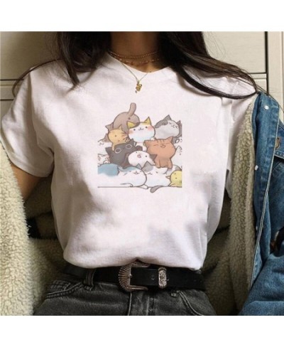 Vintage Cartoon Cats Print Ladies T-Shirt Tops Summer Casual Basics O-Collar White Tee Shirt Short Sleeve Graphics Women Tshi...