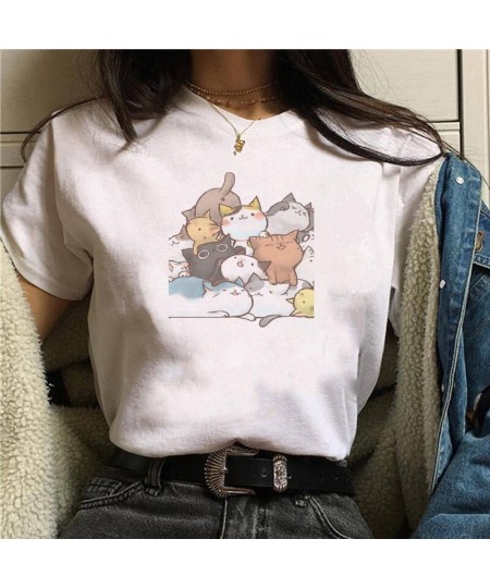 Vintage Cartoon Cats Print Ladies T-Shirt Tops Summer Casual Basics O-Collar White Tee Shirt Short Sleeve Graphics Women Tshi...