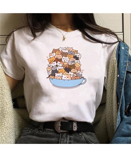 Vintage Cartoon Cats Print Ladies T-Shirt Tops Summer Casual Basics O-Collar White Tee Shirt Short Sleeve Graphics Women Tshi...